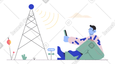 Homem sentado com um telefone e olhando para uma torre 5g PNG, SVG