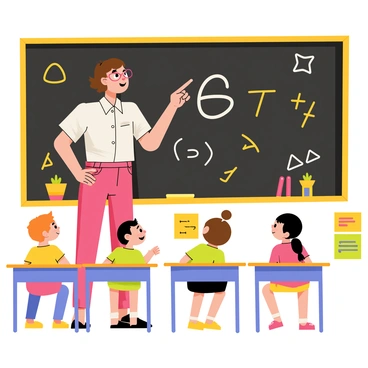 A minor teacher with short brown hair is standing in front of a large blackboard. The blackboard is filled with colorful chalk drawings of math equations and shapes. The teacher is wearing glasses and has a bright smile while pointing at a large number on the board. Around the teacher, there are small students seated at their desks, attentively listening and looking up at the board. The students have diverse hairstyles and clothing, reflecting a joyful learning environment. Brightly colored educational posters are visible in the background, adding to the classroom's atmosphere.