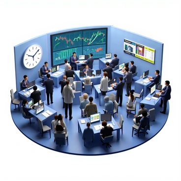 A bustling stock exchange floor filled with traders of diverse ethnicities and genders, some standing at desks, while others are moving around rapidly. The traders are dressed in smart business attire, wearing suits and ties, or professional dresses. In the center of the scene, a giant screen dominates the wall, displaying brightly colored and fluctuating stock charts, with green and red indicators showing market movements. The atmosphere is lively, with some traders engaged in intense conversations, while others are focused on their devices, making quick notes or trades. A large clock is visible in the background, displaying the current time, adding to the urgency of the environment.