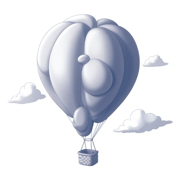 A hot air balloon shaped like a cluster of giant beans is soaring through the sky. The balloon has a rounded, bulbous form, with various sizes of beans that create a playful and whimsical appearance. Below the balloon, a woven basket is suspended, supported by sturdy ropes connected to the beans. Fluffy clouds dot the background, forming a soft contrast against the balloon as it floats gracefully. The scene conveys a sense of adventure as the balloon ascends higher into the sky.