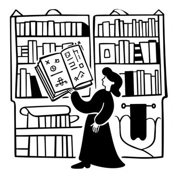 A wizard in long robes stands with a poised wand, gazing intently at an open book filled with intricate illustrations of dueling spells. The book is held at an angle, displaying various symbols and text beneath the wizard's attentive gaze. The background features shelves filled with numerous other ancient tomes and scrolls, adding to the atmosphere of a magical library.