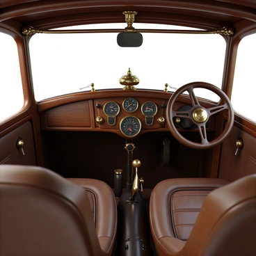 A steampunk-themed car interior featuring rich mahogany wood paneling complemented by polished brass fittings. The dashboard is adorned with an array of vintage gauges, including ornate speedometers and pressure meters, each with intricate designs. Leather seating in deep brown hues is accented with metal rivets and stitching, providing a classic touch. The steering wheel is large and made of dark wood with brass embellishments. Exposed pipes and gears are visible throughout the interior, enhancing the mechanical aesthetic. Soft, ambient lighting emanates from antique-style light fixtures mounted on the ceiling.