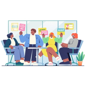 A group of five office workers is gathered in a modern office space to protest against their boss. The workers include a woman with short black hair wearing a blue blazer, a man with curly brown hair dressed in a white shirt and dark jeans, a woman with long blonde hair in a yellow dress, a man with glasses wearing a gray sweater, and a woman with red hair in a black top. They are holding up brightly colored signs with quotes like "fair treatment for all" and "respect our rights." The office features glass walls, large windows letting in natural light, and contemporary furniture, including a round table and ergonomic chairs. In the background, there are potted plants and framed motivational posters on the walls.