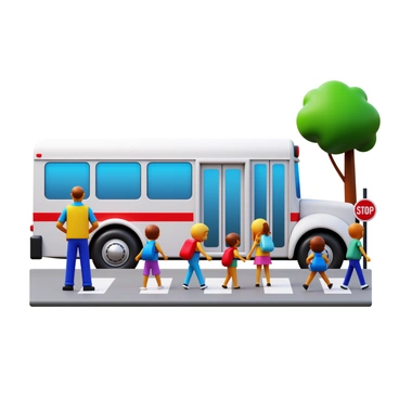 A white school bus parked on the side of the road. The bus has large windows and is brightly painted. A crossing guard wearing a yellow vest stands on the crosswalk, holding up a stop sign. Several children, dressed in colorful backpacks and clothing, are walking across the street toward the bus. The scene conveys a sense of safety and movement as the children look back at the guard. The sun is shining, and the trees lining the street are green.