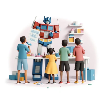 Optimus Prime, a large, imposing robot with red and blue armor, stands beside a group of four children. The first child, a boy in a blue t-shirt and denim shorts, is holding a blue piece of plastic to attach to the robot model. Next to him, a girl wearing a yellow dress and pigtails is excitedly pointing at a blueprint of the model on the table. The third child, wearing a green shirt and black pants, is carefully gluing parts together, while the fourth child, in a red hoodie and cargo shorts, is looking up at Optimus Prime in awe. The workshop is filled with tools, colorful boxes, and scattered robot parts, creating a lively atmosphere of creativity.