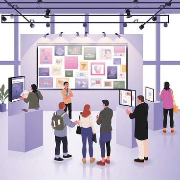 A digital flat illustration showcasing a large digital screen mounted on a sleek, white wall in a modern exhibition hall. The screen displays a vibrant portfolio filled with various artistic works, including colorful illustrations, graphic designs, and creative artwork. Surrounding the screen are contemporary display booths with minimalist designs, featuring spotlights highlighting the artwork. Attendees of diverse backgrounds are engaged in conversation, admiring the portfolio, and taking notes. The floor is polished concrete, and large windows allow natural light to flood the space.