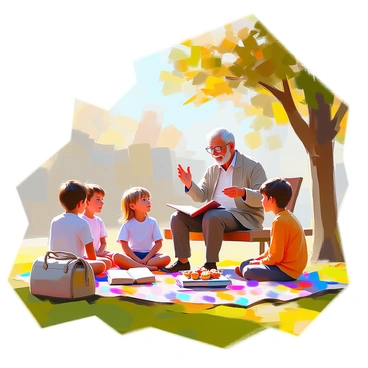 An elderly man with silver hair and a kind smile sits on a wooden bench in a sunny park, surrounded by a group of attentive children. He wears a comfortable cardigan and glasses perched on his nose as he animatedly gestures with his hands while telling a story. The children, a mix of boys and girls with various hair colors and styles, sit cross-legged on the grass, their eyes wide with fascination. A few trees provide dappled shade around them, and a gentle breeze rustles the leaves. Nearby, there is a colorful picnic blanket with a few snacks and a small bag filled with books.