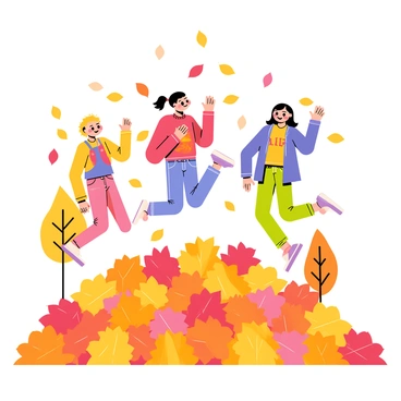 A group of three kids is joyfully jumping into a large pile of colorful autumn leaves. The leaves are a mix of vibrant red, orange, and yellow hues, creating a lively scene. One child is wearing a bright red sweater and blue jeans, another is in a yellow jacket and green pants, while the third girl is dressed in a purple coat with pink leggings. Their faces are filled with excitement as they leap into the air, scattering leaves around them. In the background, trees with colorful foliage are visible, contributing to the autumn atmosphere.