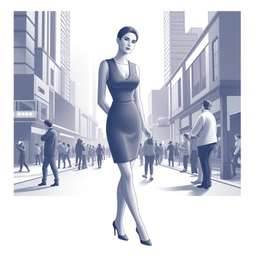 A woman stands confidently on a bustling city street. She is wearing a sleek, form-fitting minimalist dress that accentuates her silhouette. The dress features clean lines and a sophisticated design. The background is filled with a crowd of people engaged in various activities, creating a sense of movement around her. Skyscrapers tower above, with some people walking by and others waiting at a nearby corner. The atmosphere is lively, with the woman at the center, embodying elegance amidst the urban chaos.