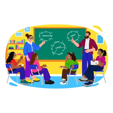 A group of cartoon characters depicting teachers standing in front of a large chalkboard. One teacher, a woman with glasses and a bun hairstyle, is writing with chalk and pointing to various concepts related to RSE. Another teacher, a man with a beard and a plaid shirt, is animatedly engaging with students, using hand gestures to explain. There are colorful illustrations on the chalkboard, showing diagrams and keywords like “respect,” “relationship,” and “consent.” The classroom is bright, with bookshelves and educational posters in the background. Children of diverse backgrounds are seated at desks, attentively listening and taking notes.