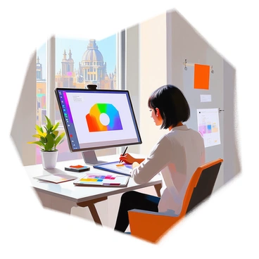 A graphic designer with medium skin tone and short black hair is seated at a modern desk in a well-lit office. She is focused intently on her computer screen as she sketches ideas for a logo. Various design tools, including a tablet and color swatches, are spread out on the desk. In the background, large windows reveal a view of iconic London architecture. On the walls, there are pinned sketches and design inspirations. The atmosphere is one of creativity and concentration as she works on a fresh concept for the London illustration agency.