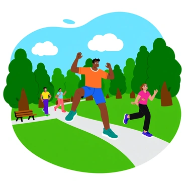 A person performing a burpee in a vibrant city park. The individual is mid-jump with arms raised and legs tucked beneath. Surrounding the park are tall, green trees providing shade. In the background, other people are jogging along a winding path, wearing colorful athletic gear. The ground is covered with fresh green grass, and a few park benches are visible nearby. A blue sky with fluffy white clouds adds to the lively atmosphere of the park.