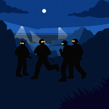 A special forces team in tactical black gear is stealthily moving through a dark, shadowy environment. The team consists of four members, all wearing night vision goggles and holding advanced weaponry. They are positioned low to the ground, using cover from large boulders and vegetation. The compound ahead is illuminated by dim floodlights, revealing a high-security perimeter with barbed wire. The night sky is filled with scattered clouds and a faint glow from the moon. Silhouetted against this backdrop, the team is focused and ready, conveying a sense of urgency and precision.