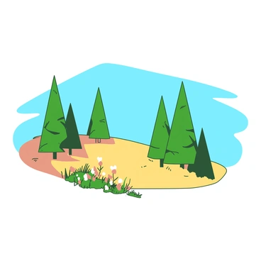 A plateau is visible under a bright blue sky, with tall green pine trees standing evenly spaced across the landscape. The trees are swaying gently, their branches moving slightly as if influenced by a soft breeze. In the foreground, there are patches of grass and small wildflowers adding texture to the scene. The sunlight casts a warm glow over the plateau, creating a peaceful atmosphere.