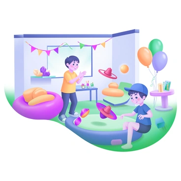 A bright playroom filled with colorful decorations and soft, cushioned flooring. In the center, several children are happily engaged in playing with "spinning tops" of various sizes and colors. One child, dressed in a yellow t-shirt, is clapping as their top spins rapidly. Another child, wearing a blue cap, is leaning down to watch a "red spinning top" twirl on the floor. In the background, there are plush toys, a small table with art supplies, and a large window letting in natural light. Balloons and streamers hang from the ceiling, adding to the cheerful atmosphere.