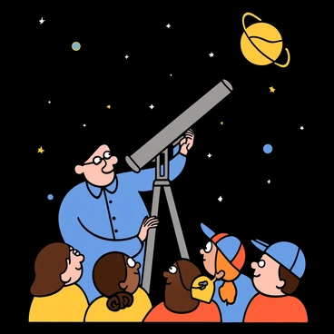 A teacher with light skin and short dark hair is standing next to a large telescope, pointing towards the night sky filled with stars and planets. The teacher is wearing a blue button-up shirt and glasses. Around the teacher, a diverse group of students with big eyes, including a girl with pigtails and a boy wearing a baseball cap, are looking up in amazement at the stars. The sky is dark with twinkling stars and a visible planet, creating a sense of wonder and exploration.