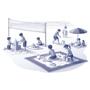 A fun beach scene illustrated over a faded photograph of a family vacation at the sea.