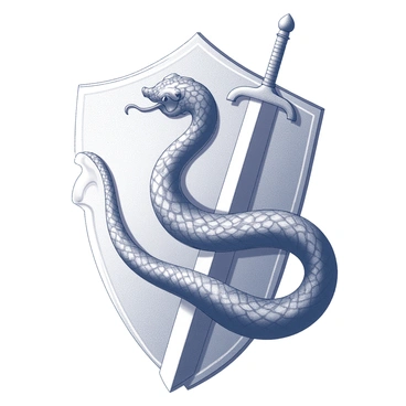 A detailed representation of the Slytherin house crest is featured prominently, showcasing the intricate design and emblematic symbolism. The crest displays a majestic serpent, its scales finely detailed, coiling elegantly around a sword, which has a gleaming blade and ornate hilt. The serpent's head is raised, with its tongue flicking out, while the sword is positioned vertically, emphasizing strength and nobility. The background is adorned with subtle motifs that suggest a sense of heritage and tradition.