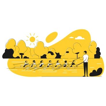 A rowing team with eight members in matching uniforms, each holding a long oar, is practicing on a calm river. The team rows in perfect synchronization, creating ripples in the water as their oars enter and exit simultaneously. The sun is reflected on the surface of the water, and trees line the riverbank in the background. In the foreground, a coach stands on the riverbank, watching the team closely. The scene captures the focus and teamwork of the athletes as they work together to improve their rowing technique.