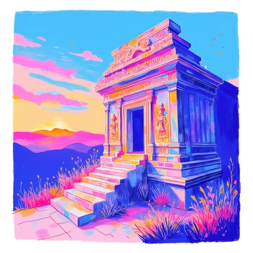 An ancient temple stands majestically at dusk, its stone façade partially cloaked in shadows. The sky transitions from orange to deep blue as the day comes to a close. Intricate carvings adorn the temple's entrance, showcasing detailed patterns and mythological figures. "Star spren," glowing softly like tiny orbs, illuminate the carvings, casting delicate shadows that enhance the temple’s features. Weeds and vines creep along the base of the structure, adding a sense of time’s passage and nature reclaiming its space.