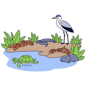 An illustration featuring a variety of Everglades animals in a natural setting. A green turtle is swimming in a shallow body of water, partially submerged. Nearby, a brown snake is coiled on a rock, its scales glistening in the sunlight. Above, a heron stands tall on one leg, its feathers white and gray. In the background, a small alligator can be seen resting on the mud bank, merging with the environment. Lush green vegetation surrounds the scene, providing a vibrant backdrop to the wildlife.