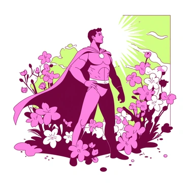 A heroic figure stands boldly with a strong posture among a cluster of pink and yellow vibrant flowers. The figure wears a flowing cape that billows slightly in the breeze, capturing an aura of determination. The flowers surround the figure, showcasing a variety of shapes and sizes, adding depth to the scene. Sunlight filters through the greenery overhead, casting soft shadows on the ground beneath the figure's feet. The overall composition highlights the contrast between the figure's strength and the delicate beauty of the flowers.