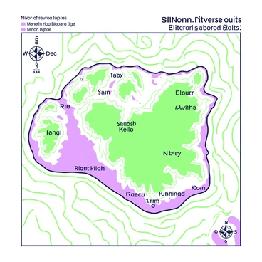 A topographic map displaying intricate contour lines representing elevation changes across a landscape. The map features distinct regions highlighted to indicate areas of known reverse faults. Each highlighted area is marked with a unique symbol to differentiate it from the surrounding topography. Additional details include labels identifying geographic features such as mountains, valleys, and rivers in a clear, structured layout. The map includes a scale bar and compass rose in the corner for orientation.