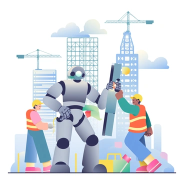 An AI robot with a sleek silver exterior is standing among construction workers at a skyscraper building site. The robot is equipped with articulated arms, one of which is holding a large steel beam while another arm is guiding a worker as he welds it into place. The construction workers, wearing bright orange safety vests and hard hats, are focused on their tasks, with tools scattered around them. In the background, the skeletal structure of the skyscraper reaches high into the sky, surrounded by cranes and scaffolding. A blue sky with fluffy white clouds is visible above, creating a dynamic atmosphere on the bustling construction site.