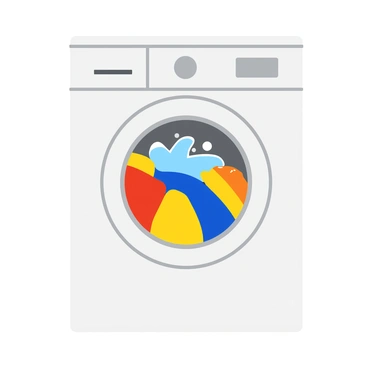 A front-loading washing machine is partially transparent, allowing a view of colorful laundry swirling inside. The clothes include a mix of bright reds, blues, and yellows that create a vibrant contrast against the white drum. Water splashes against the fabric, and bubbles form around the swirling garments. The machine is displayed at a slight angle to emphasize the dynamic motion of the laundry.