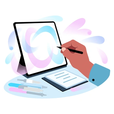 An artist is focused on creating a digital illustration on a tablet. The tablet is propped up in front of the artist, who is using a stylus to draw. Various colors are swirling around the screen, showcasing an array of gradient pastel shades. The artist’s hand is positioned confidently on the stylus, while the other hand rests on the tablet. A collection of art supplies, including sketchbooks and markers, is scattered on the nearby table, adding to the creative atmosphere.