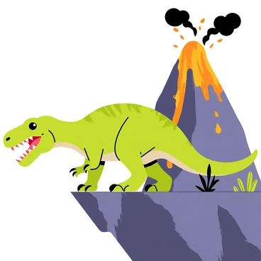A mighty T-Rex with green scales and sharp teeth stands powerfully on the edge of a steep cliff. Its strong legs are firmly planted, displaying its massive size and dominance. In the background, a volcano erupts dramatically, with bright orange lava flowing down its sides and clouds of dark ash billowing into the sky. The scene captures the intensity of the eruption, with molten rock and smoke creating a dynamic contrast against the T-Rex's vibrant coloration. The cliff features rugged textures and sparse vegetation, emphasizing the prehistoric setting.