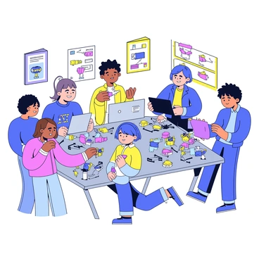 A group of students working collaboratively in a school lab setting. The students are gathered around a workbench, intently focused on building robots using colorful plastic parts and electronic components. Some students are holding tools like screwdrivers and pliers, while others are programming the robots using laptops. The lab is filled with various robotic kits and parts scattered across the tables, and there are posters of robots and technology on the walls. Each student is engaged in their task, showcasing teamwork and creativity.