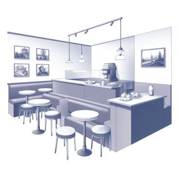A vintage-style cafe with retro furniture and black-and-white photos on the walls