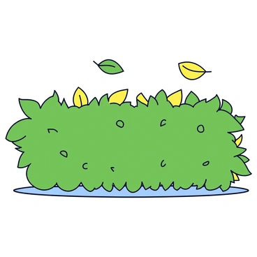 A lush green hedge is depicted with dense foliage. The leaves on the hedge sway gently, creating a subtle motion. A few leaves flutter in the air, suggesting the presence of a gentle breeze. Sunlight filters through the leaves, highlighting their vibrant colors.