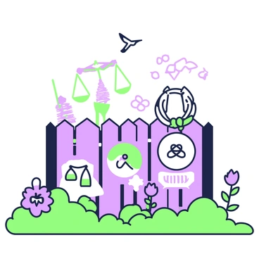 A community fence is decorated with various symbols representing "equity" and "unity." Each symbol is unique, including a pair of intertwined hands, a circle with interlocking figures, and a scale balanced evenly. The background features a range of patterns and shapes, enhancing the visibility of each symbol. Brightly colored flowers and greenery are growing at the base of the fence, adding life to the scene. Above the fence, birds are flying in a clear sky, creating a sense of harmony.