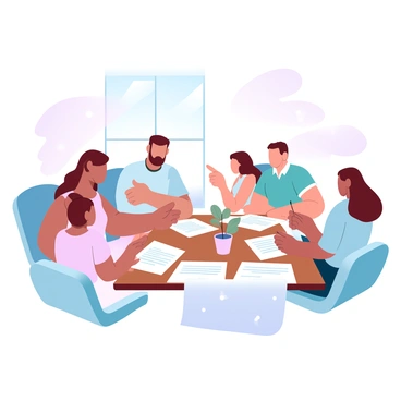 A family is seated around a wooden table, with papers spread out in front of them. The table is adorned with a tablecloth featuring a subtle pattern. Each family member is focused on a document that has visible lines and text. There are three adults and two children. One adult is pointing at the paper, while another is holding a pen ready to sign. In the background, there is a window with soft, natural light filtering through, illuminating the scene. A small potted plant is placed on the table, adding a touch of greenery.