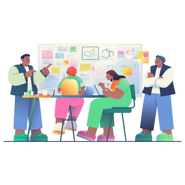 A team of five engineers is gathered around a large whiteboard filled with colorful diagrams and notes. Two engineers with dark skin are standing, pointing at different sections of the board, while a woman with light skin sits on a high chair, taking notes on a notepad. Another engineer with medium skin and glasses is leaning against the table, holding a pen and looking thoughtful. The last engineer, with short curly hair, is standing with arms crossed, observing the discussion. The table is cluttered with laptops, coffee mugs, and sketch papers, creating an energetic and collaborative atmosphere.