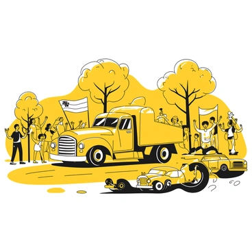 A large vintage truck with a streamlined design and prominent front grille is racing along a dirt track. The truck is adorned with numbers on its side, indicating its participation in the race. Surrounding the track, a diverse crowd of people is gathered, some waving flags and others holding banners. The crowd is animated, showing excitement as they cheer for the truck. Tall trees frame the scene, and a few vintage cars from the same era are parked in the background, adding to the historic atmosphere.