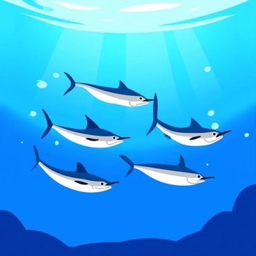 A school of sailfish with elongated bodies and vibrant blue and silver scales is swimming through the deep blue sea. Each sailfish has a large dorsal fin raised, creating a striking silhouette against the water. The fish are moving in perfect harmony, gliding smoothly in synchronized patterns. Bubbles and small fish can be seen in the background, adding depth to the underwater scene. Sunlight filters down from the surface, creating shimmering rays that dance across the ocean floor.