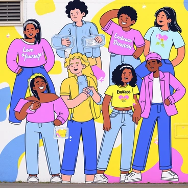 A vibrant street mural featuring a large, colorful depiction of various human figures celebrating body positivity. The figures include individuals of different body shapes, sizes, and ethnicities, all smiling and posed joyfully. Each figure is surrounded by bright, bold text that reads "Love Yourself" and "Embrace Diversity" in playful fonts. The background is filled with abstract shapes and patterns in cheerful colors, enhancing the overall lively atmosphere of the mural.