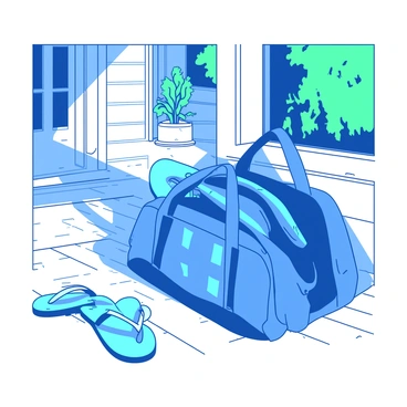 A blue skateboard bag featuring a plaid pattern is resting on a white wooden cabin porch. The bag is slightly open, revealing a glimpse of a skateboard inside. Sunlight casts soft shadows on the porch, highlighting the wood grain. In the background, there are green trees visible, adding a touch of nature to the scene. The porch is adorned with a few rustic decorations, including a small potted plant and a pair of worn-out flip-flops.