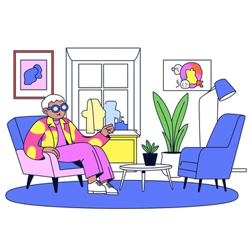 Iris Apfel is seated comfortably in her stylish living room. She is wearing her signature oversized glasses and vibrant clothing, showcasing her unique fashion sense. Surrounding her are eclectic pieces of furniture, including a colorful armchair and a sleek coffee table. The walls are adorned with various unique art pieces, each with distinct shapes and colors, adding to the room's character. A large window lets in natural light, illuminating the space. A small potted plant sits on the coffee table, adding a touch of greenery to the scene.