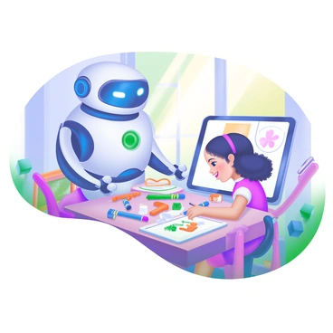 A modern pastel illustration depicting an AI assistant in the form of a friendly robot, guiding a young child on how to draw on a digital tablet. The robot has a sleek design with bright blue and white colors, and it is smiling at the child. The child, a little girl with curly hair, is seated at a wooden table, focused on the tablet. Various colorful drawings, such as a cat and a flower, are visible on the tablet's screen. Surrounding them are art supplies like crayons and sketchbooks, creating an inviting and creative atmosphere. The room is bright and cheerful, with sunlight streaming through a window.