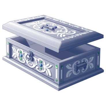 A jewelry box with intricate carvings and an elaborate design. The box is adorned with various precious stones, set into the surface of the wood. The carvings depict swirling patterns and floral motifs that enhance the elegance of the piece. The box has a sturdy latch, and its lid is slightly ajar, revealing a glimpse of the luxurious contents inside.