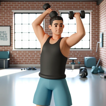 A dedicated athlete, wearing a black tank top and blue shorts, is performing dumbbell thrusters. The athlete's muscles are visibly toned as they push the dumbbells overhead with strength. The industrial-style gym features exposed brick walls, large windows allowing natural light to stream in, and various gym equipment scattered in the background. A motivational poster hangs on the wall, while a few weights and a workout bench are positioned nearby. The floor is made of polished concrete, adding to the gym's rugged aesthetic.