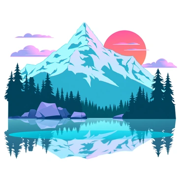 A majestic mountain landscape with towering peaks covered in snow. The foreground features lush green trees and rocky outcrops. A gradient sunset sky transitions from bright orange at the horizon to soft pink at the top. Wispy clouds stretch across the sky, reflecting the warm colors of the sunset. A serene lake mirrors the mountains and sky, creating a tranquil scene.