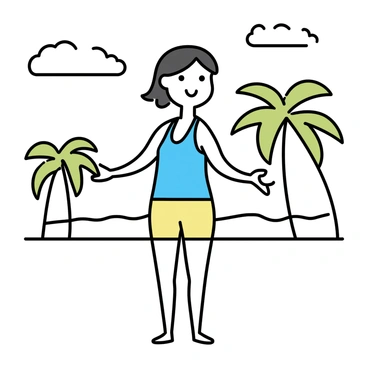 A person with short black hair, wearing a bright blue tank top and yellow shorts, is standing on a sandy beach. They are performing arm circles with their arms extended out to the sides. In the background, several tall palm trees with green fronds are swaying gently in the breeze. The sky above is clear with a few scattered clouds, and the ocean is visible with gentle waves lapping at the shore.