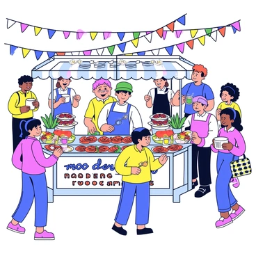 A bustling urban food festival set in a vibrant street filled with people enjoying various cuisines. In the foreground, a stall specializes in "moo deng" delicacies, featuring a colorful sign with the words "moo deng" prominently displayed. The stall is adorned with fresh ingredients like marinated meats and vibrant vegetables. A chef is skillfully grilling skewers of food over an open flame, filling the air with delicious aromas. Patrons are happily lining up to order, some holding steaming bowls of rice or colorful drinks. Bright decorations and festival banners hang overhead, adding to the lively atmosphere.