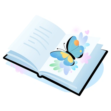 An open book resting on a smooth surface, its pages turned to reveal intricate illustrations. One page features a large butterfly with detailed patterns on its wings, showcasing shades of blue, yellow, and orange. The butterfly appears vibrant and delicately placed among floral designs that surround it. The light casts gentle shadows on the pages, enhancing the textures of the paper and the artwork.