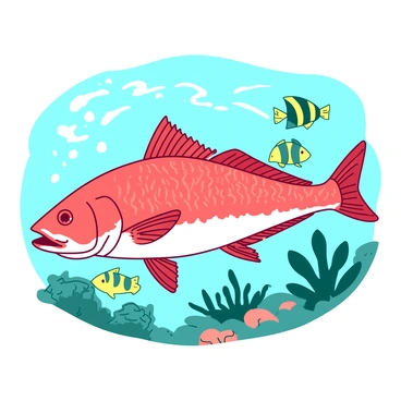 A redfish is swimming gracefully through clear water, surrounded by a variety of colorful tropical fish. The redfish has shimmering scales that reflect light, enhancing its vibrant appearance. Various tropical fish, in shades of teal and yellow, dart around it, showcasing their distinctive patterns and shapes. There are small coral formations in the background, adding texture and depth to the underwater scene. Sunlight filters down from the surface, illuminating the vibrant colors of the fish and the surrounding aquatic environment.